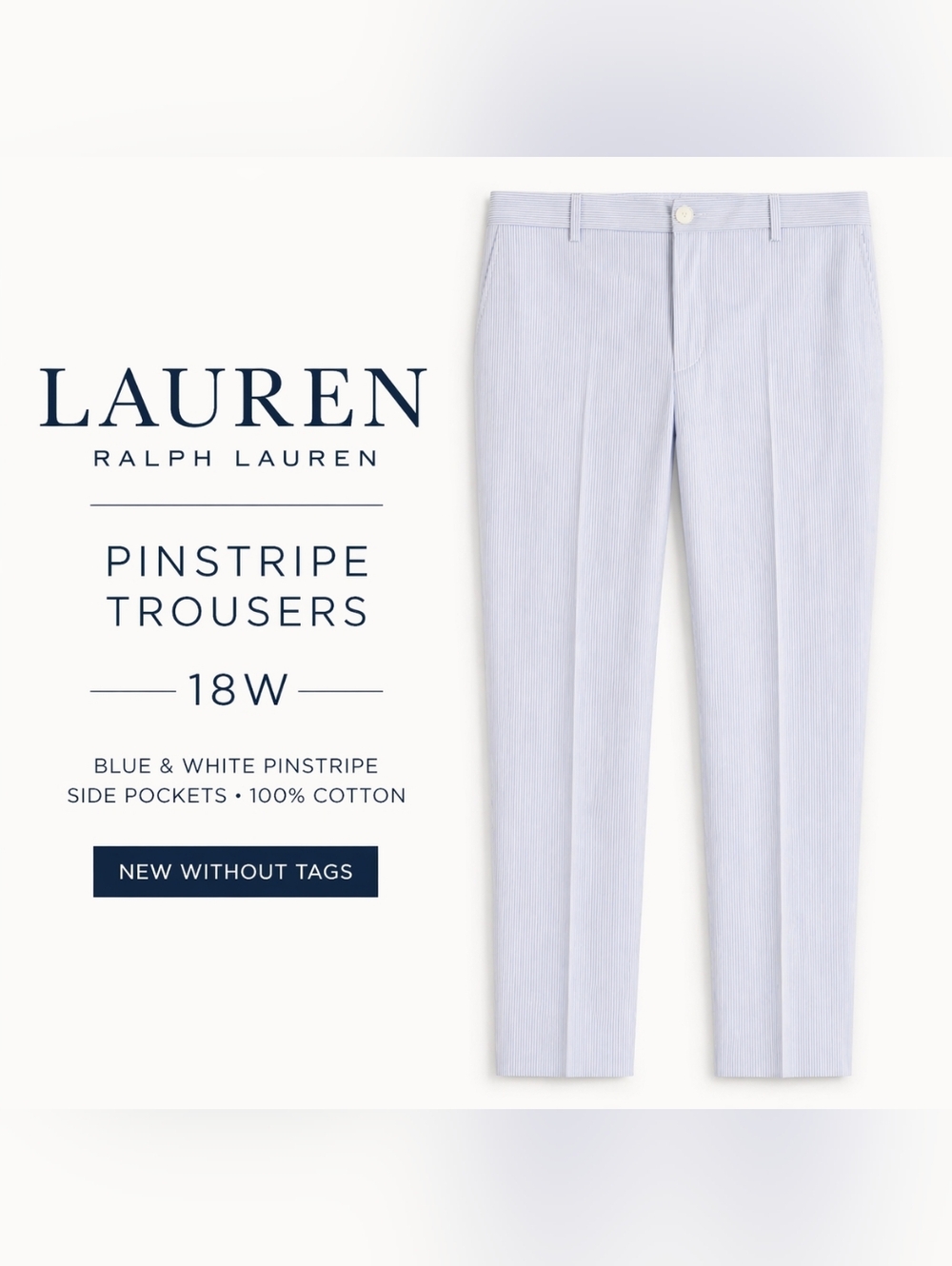 Lauren Ralph Lauren Pinstripe Trousers 18W Blue White Cotton Straight Leg Preppy